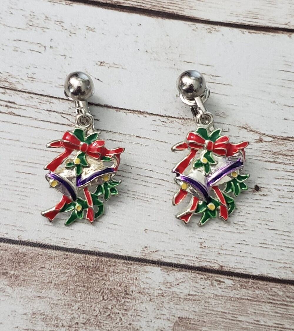 Vintage Clip On Earrings - Christmas Bells & Bow 1.5"